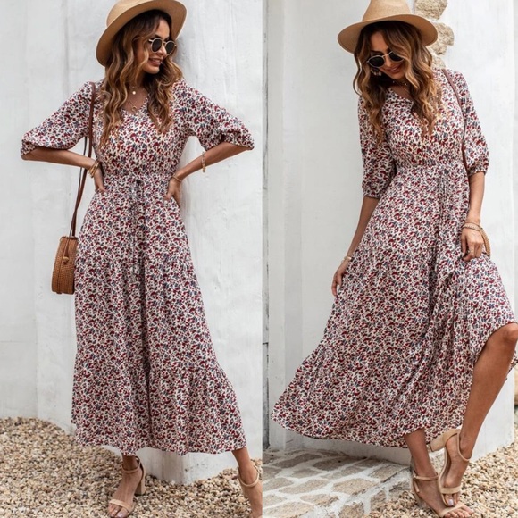 Floral print drawstring waist maxi dress - Picture 4 of 4
